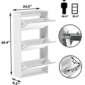 HOPUBUY Shoe Cabinet for Entryway, Narrow Shoe Storage Cabinet with Mirror, Wood Slim Shoe Rack 3 Tier Shoe Organizer for Home and Apartment, White