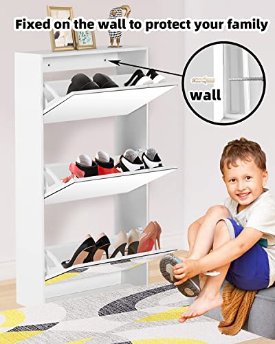 HOPUBUY Shoe Cabinet for Entryway, Narrow Shoe Storage Cabinet with Mirror, Wood Slim Shoe Rack 3 Tier Shoe Organizer for Home and Apartment, White