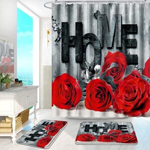 yokyhom bathroom sets, 3 pcs red rose bathroom shower curtain sets with rugs, incl 71'' x 71'' polyester shower curtain with 12 hooks, 2 pcs 30'' x 18'' non slip bath mats for romantic bathroom decor