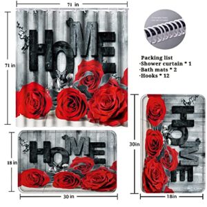 YOKYHOM Bathroom Sets, 3 Pcs Red Rose Bathroom Shower Curtain Sets with Rugs, Incl 71'' x 71'' Polyester Shower Curtain with 12 Hooks, 2 Pcs 30'' x 18'' Non Slip Bath Mats for Romantic Bathroom Decor