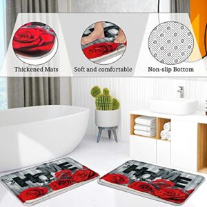 YOKYHOM Bathroom Sets, 3 Pcs Red Rose Bathroom Shower Curtain Sets with Rugs, Incl 71'' x 71'' Polyester Shower Curtain with 12 Hooks, 2 Pcs 30'' x 18'' Non Slip Bath Mats for Romantic Bathroom Decor