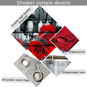 YOKYHOM Bathroom Sets, 3 Pcs Red Rose Bathroom Shower Curtain Sets with Rugs, Incl 71'' x 71'' Polyester Shower Curtain with 12 Hooks, 2 Pcs 30'' x 18'' Non Slip Bath Mats for Romantic Bathroom Decor