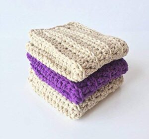 handmade crochet washcloths, dish towels, dish cloths, baby wipes, baby washcloths, spa cloths, 100% cotton wash cloth, beige, purple and beige cotton wash cloths set of 3