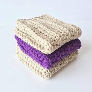 Handmade Crochet Washcloths, Dish Towels, Dish cloths, Baby wipes, Baby washcloths, Spa Cloths, 100% cotton wash cloth, Beige, Purple and Beige Cotton Wash Cloths set of 3