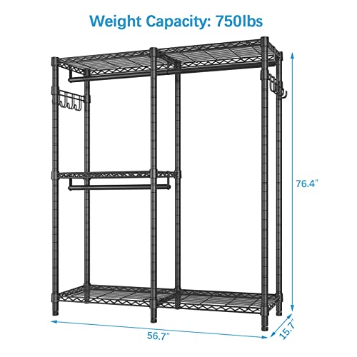 VIPEK V4 Garment Rack Bedroom Armoires Compact Freestanding Closet Storage Organizer, Portable Wardrobe Closet Heavy Duty Clothes Rack Metal Clothing Rack with 3 Hanging Rods & 2 Side Hooks, Black