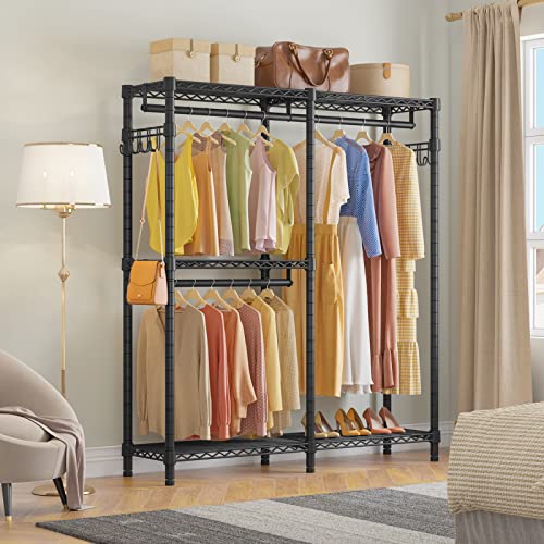 VIPEK V4 Garment Rack Bedroom Armoires Compact Freestanding Closet Storage Organizer, Portable Wardrobe Closet Heavy Duty Clothes Rack Metal Clothing Rack with 3 Hanging Rods & 2 Side Hooks, Black