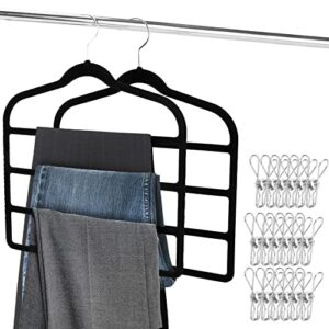 pants hangers space saving, non-slip velvet pants hangers multi-layer, durable velvet clothes hangers closet organizer for pants jeans scarf tie (2pcs)