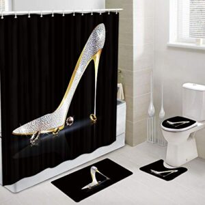 jawo girly decor shower curtain and bath mat set 69x70 inch, fashion lady high heel shoe with diamonds bathroom curtain with hooks, bathroom mat set with contour rug, mat and toilet lid cover