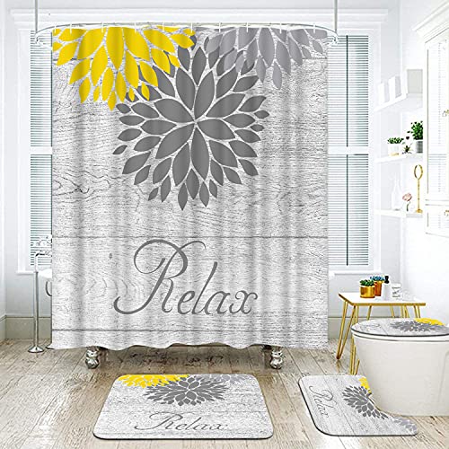 DuoBaorom 4 Pieces Set Yellow Grey Flower Shower Curtain Set Dahlia Floral Relax Sign Picture Print on Non-Slip Rugs Toilet Lid Cover Bath Mat and Bathroom Curtain with 12 Hooks 72x72inch