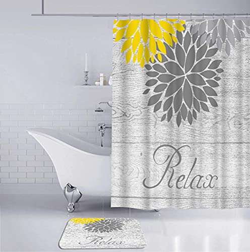 DuoBaorom 4 Pieces Set Yellow Grey Flower Shower Curtain Set Dahlia Floral Relax Sign Picture Print on Non-Slip Rugs Toilet Lid Cover Bath Mat and Bathroom Curtain with 12 Hooks 72x72inch