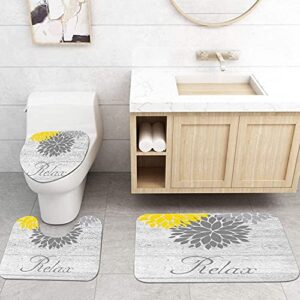 DuoBaorom 4 Pieces Set Yellow Grey Flower Shower Curtain Set Dahlia Floral Relax Sign Picture Print on Non-Slip Rugs Toilet Lid Cover Bath Mat and Bathroom Curtain with 12 Hooks 72x72inch