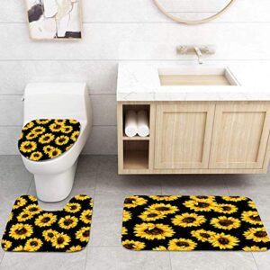 ArtSocket 4 Pcs Shower Curtain Set Yellow Sunflower Black Floral Blooms Bouquet consecutively Garden Leaf Petal with Non-Slip Rugs Toilet Lid Cover and Bath Mat Bathroom Decor Set 72" x 72"