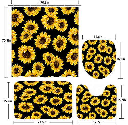 ArtSocket 4 Pcs Shower Curtain Set Yellow Sunflower Black Floral Blooms Bouquet consecutively Garden Leaf Petal with Non-Slip Rugs Toilet Lid Cover and Bath Mat Bathroom Decor Set 72" x 72"