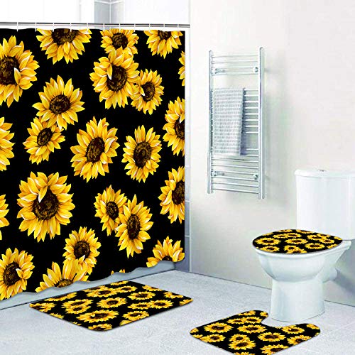 ArtSocket 4 Pcs Shower Curtain Set Yellow Sunflower Black Floral Blooms Bouquet consecutively Garden Leaf Petal with Non-Slip Rugs Toilet Lid Cover and Bath Mat Bathroom Decor Set 72" x 72"