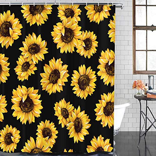 ArtSocket 4 Pcs Shower Curtain Set Yellow Sunflower Black Floral Blooms Bouquet consecutively Garden Leaf Petal with Non-Slip Rugs Toilet Lid Cover and Bath Mat Bathroom Decor Set 72" x 72"