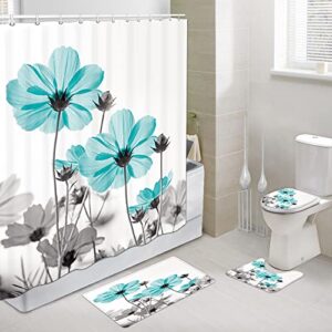 unique floral shower curtain for bathroom decor, teal and gray daisy flower elegant wildflower design farmhouse bathroom sets with shower curtain and toilet pad cover bath mat rugs set