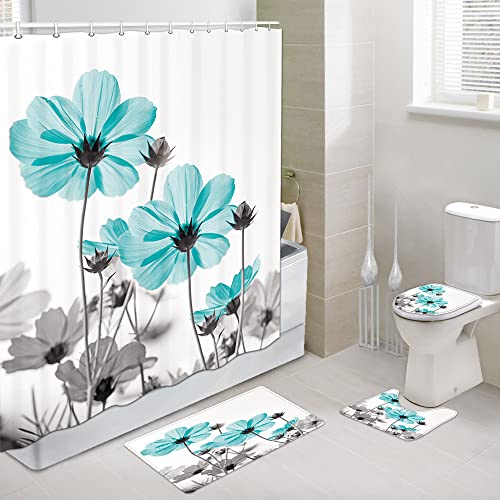 Unique Floral Shower Curtain for Bathroom Decor, Teal and Gray Daisy Flower Elegant Wildflower Design Farmhouse Bathroom Sets with Shower Curtain and Toilet Pad Cover Bath Mat Rugs Set