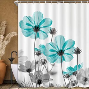 Unique Floral Shower Curtain for Bathroom Decor, Teal and Gray Daisy Flower Elegant Wildflower Design Farmhouse Bathroom Sets with Shower Curtain and Toilet Pad Cover Bath Mat Rugs Set