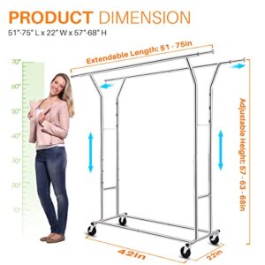 HOKEEPER 330 Lbs Double Clothing Garment Racks Commercial Rolling Clothes Rack for Hanging Clothes Heavy Duty Portable Collapsible Chrome