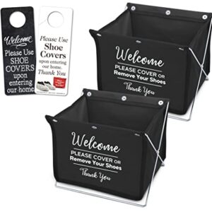 Foldable Shoe Cover Holder and Single Door Hanger with Designs on Front and Back - Please Use Shoe Covers (Black - 2 Pack)