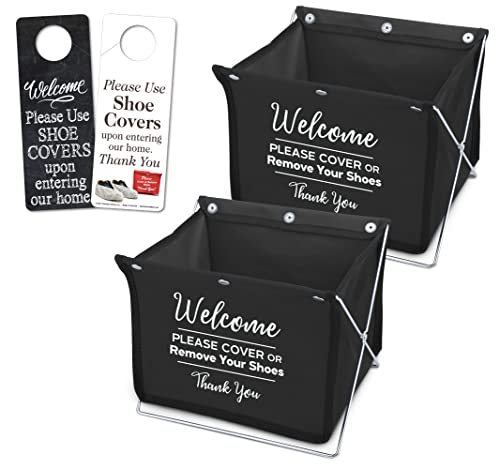 Foldable Shoe Cover Holder and Single Door Hanger with Designs on Front and Back - Please Use Shoe Covers (Black - 2 Pack)