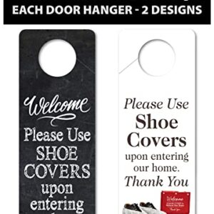 Foldable Shoe Cover Holder and Single Door Hanger with Designs on Front and Back - Please Use Shoe Covers (Black - 2 Pack)