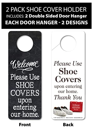 Foldable Shoe Cover Holder and Single Door Hanger with Designs on Front and Back - Please Use Shoe Covers (Black - 2 Pack)