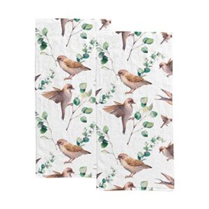 tsingza hand towels set of 2 spring eucalyptus birds soft bath towels decorative fingertip towels bathroom watercolor sparrow leaves absorbent dish towels for kitchen gym spa sports 30x15 inch