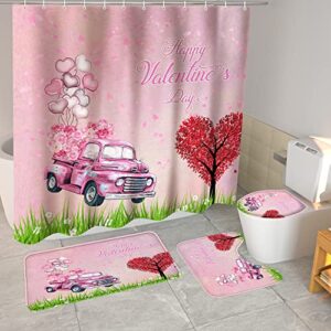 4PCS Valentine's Day Decor Shower Curtain Sets Car Filled with Red Roses and Love Balloons Bathroom Set Rugs Accessories