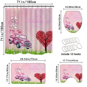 4PCS Valentine's Day Decor Shower Curtain Sets Car Filled with Red Roses and Love Balloons Bathroom Set Rugs Accessories