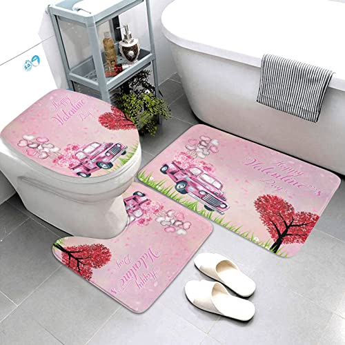 4PCS Valentine's Day Decor Shower Curtain Sets Car Filled with Red Roses and Love Balloons Bathroom Set Rugs Accessories