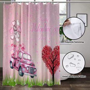 4PCS Valentine's Day Decor Shower Curtain Sets Car Filled with Red Roses and Love Balloons Bathroom Set Rugs Accessories