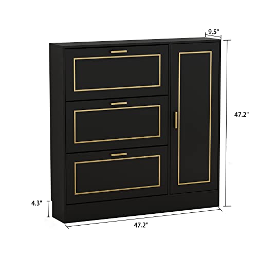 Homsee 3 Drawers Shoe Storage Cabinet with Door, 3-Tier Wood Shoe Rack Storage Organizer with Shelves for Entryway, Black and Gold (47.2”L x 9.5”W x 47.2”H)