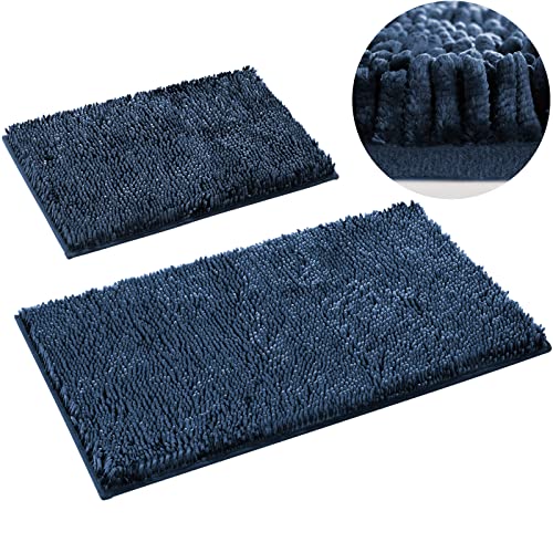 HOMEIDEAS 2 Pieces Bathroom Rugs Set, Non Slip Velvety-Soft Butter Chenille Bath Rugs, 3X Absorbent Spa Shaggy Bath Mat Rugs, Machine Washable Navy Blue Bathroom Mat for Bathroom, Tub, Shower