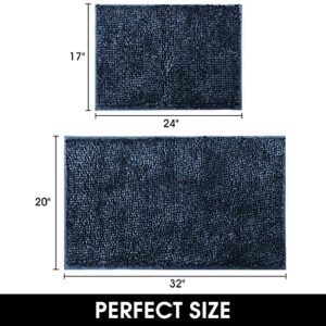 HOMEIDEAS 2 Pieces Bathroom Rugs Set, Non Slip Velvety-Soft Butter Chenille Bath Rugs, 3X Absorbent Spa Shaggy Bath Mat Rugs, Machine Washable Navy Blue Bathroom Mat for Bathroom, Tub, Shower