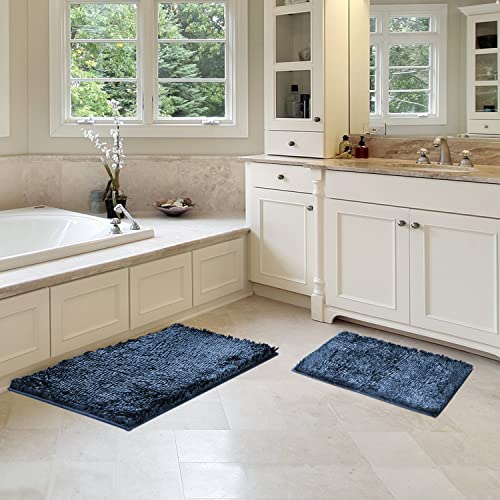 HOMEIDEAS 2 Pieces Bathroom Rugs Set, Non Slip Velvety-Soft Butter Chenille Bath Rugs, 3X Absorbent Spa Shaggy Bath Mat Rugs, Machine Washable Navy Blue Bathroom Mat for Bathroom, Tub, Shower