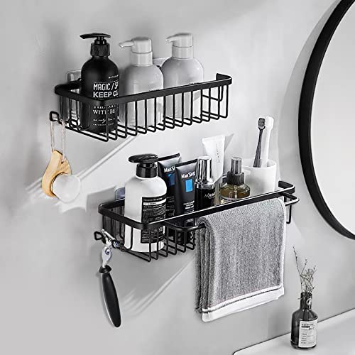 Shower Storage for Inside Shower, 3 Pack Shower Organizer with Hooks and Soap Holder, Adhesive Wall Mount Shower Shelves, Rustproof Black Shower Caddy Basket Shelf Storage Rack for Bathroom Kitchen