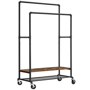vasagle rolling clothes rack, double rail garment rack on wheels, heavy-duty clothing rack with shelves, industrial pipe design, rustic brown and black urgr120b01