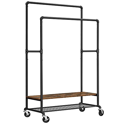 VASAGLE Rolling Clothes Rack, Double Rail Garment Rack on Wheels, Heavy-Duty Clothing Rack with Shelves, Industrial Pipe Design, Rustic Brown and Black URGR120B01