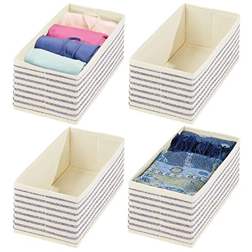 mDesign Soft Fabric Dresser Drawer and Closet Storage Organizer Bin for Bedroom - Holds Lingerie, Bras, Socks, Leggings, Clothes, Purses, Scarves, Lido Collection - 4 Pack - Natural/Blue Stripe