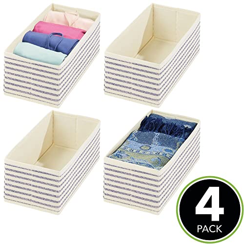 mDesign Soft Fabric Dresser Drawer and Closet Storage Organizer Bin for Bedroom - Holds Lingerie, Bras, Socks, Leggings, Clothes, Purses, Scarves, Lido Collection - 4 Pack - Natural/Blue Stripe