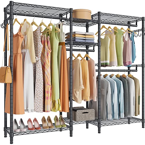 JustRoomy Heavy Duty Clothes Rack for Hanging Clothes, Large Garment Rack with Shelves Portable Closet Wardrobe Rack Freestanding Adjustable Metal Clothing Rack for Bedroom, Max Load 800 Lbs, Black