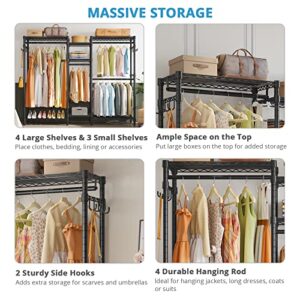 JustRoomy Heavy Duty Clothes Rack for Hanging Clothes, Large Garment Rack with Shelves Portable Closet Wardrobe Rack Freestanding Adjustable Metal Clothing Rack for Bedroom, Max Load 800 Lbs, Black