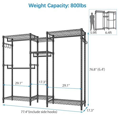 JustRoomy Heavy Duty Clothes Rack for Hanging Clothes, Large Garment Rack with Shelves Portable Closet Wardrobe Rack Freestanding Adjustable Metal Clothing Rack for Bedroom, Max Load 800 Lbs, Black