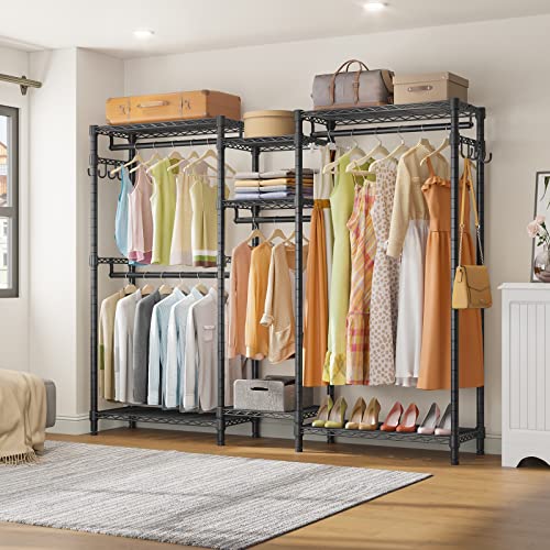 JustRoomy Heavy Duty Clothes Rack for Hanging Clothes, Large Garment Rack with Shelves Portable Closet Wardrobe Rack Freestanding Adjustable Metal Clothing Rack for Bedroom, Max Load 800 Lbs, Black