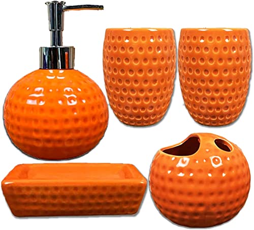 5-Pieces Orange Ceramic Bathroom Decor Accessory Set Includes Soap Lotion Dispenser,Soap Dish,Toothbrush Holder and Cup2 … …