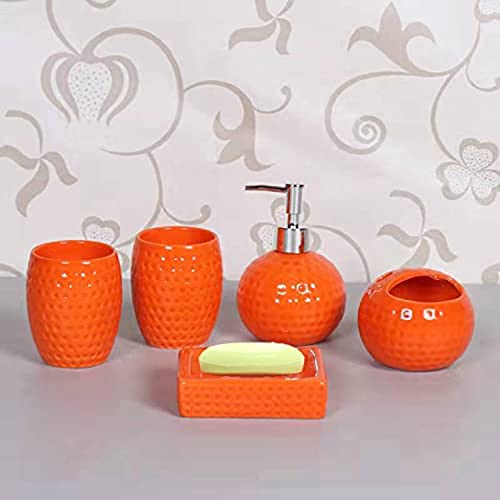 5-Pieces Orange Ceramic Bathroom Decor Accessory Set Includes Soap Lotion Dispenser,Soap Dish,Toothbrush Holder and Cup2 … …