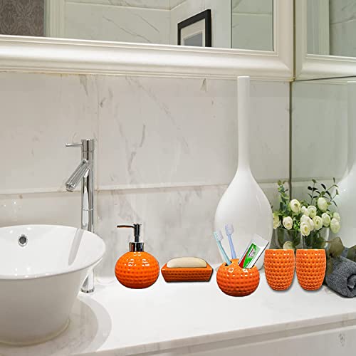 5-Pieces Orange Ceramic Bathroom Decor Accessory Set Includes Soap Lotion Dispenser,Soap Dish,Toothbrush Holder and Cup2 … …