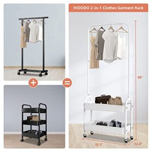 HIDODO White Clothing Rack, Portable Garment Rack Rolling Clothes Organizer with 2 Tier Metal Baskets, Laundry Cart with Hanging Rack, Small Wardrobe Rack on Wheels for Bedroom, Laundry and Entryway