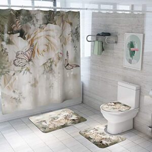 4pcs flower shower curtains sets with rugs polyester bathroom shower curtains lid toilet cover bath mat rug with hooks bathroom accessory sets 70"x70"(roses and butterflies)